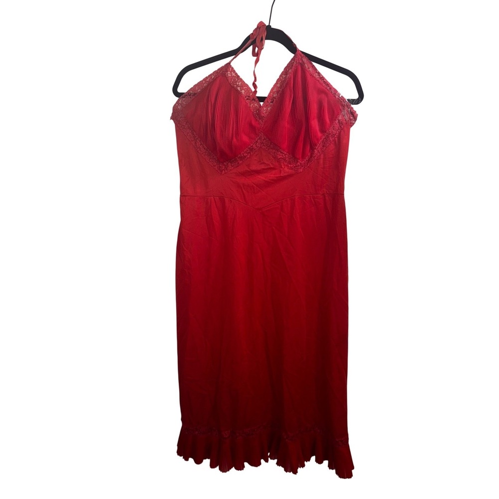 Vtg Vanity Fair Red Nylon Halter Nightgown Lace Trim Pleated Sz 40/L READ